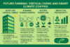 Infographic showing vertical farming with smart climate control, automated workflows, and sustainable crop production.