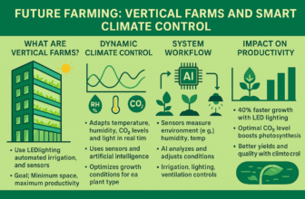 Infographic showing vertical farming with smart climate control, automated workflows, and sustainable crop production.