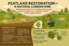 Infographic showing how peatland restoration transforms degraded land into carbon sinks, highlighting CO₂ uptake, water retention, biodiversity, and Canadian restoration efforts.