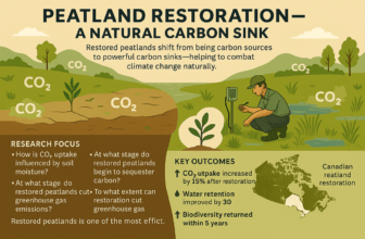 Infografik zur Wiedervernässung von Mooren und ihrer Rolle als natürliche CO₂-Senken. Zeigt Unterschiede zwischen degradierten und renaturierten Flächen sowie Vorteile für Klima, Wasserhaushalt und Biodiversität.